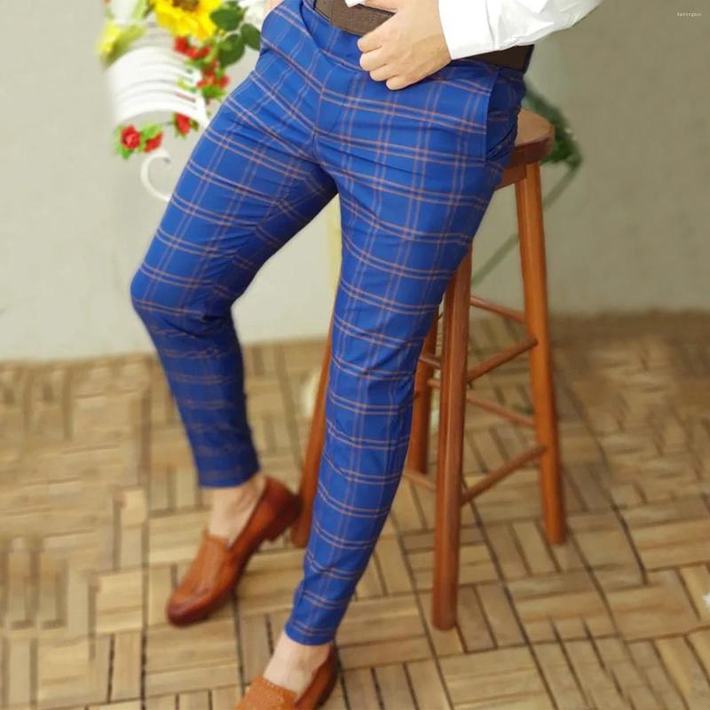 

Men's Pants Men's Casual Plaid Print Skinny Pencil Zipper Elastic Waist Social Oversize Male Business Suit Trousers, Navy blue
