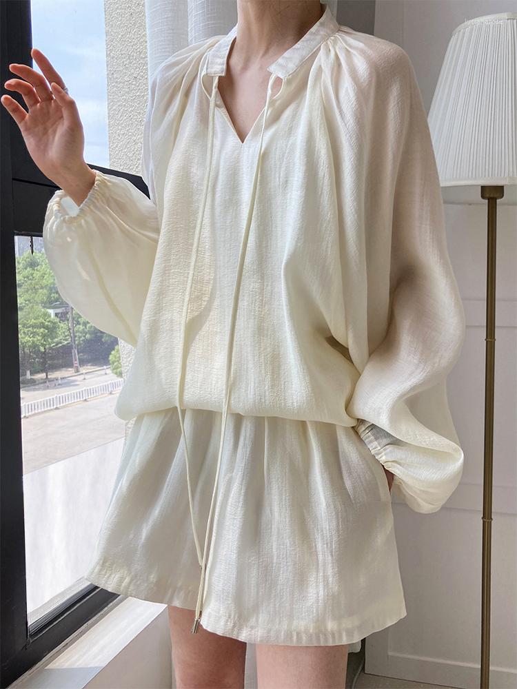 

Women's Tracksuits High Quality Lace Up Long Sleeve Sunscreen Shirts Wide Leg Shorts Khaki White Black Summer Women Two Piece Set