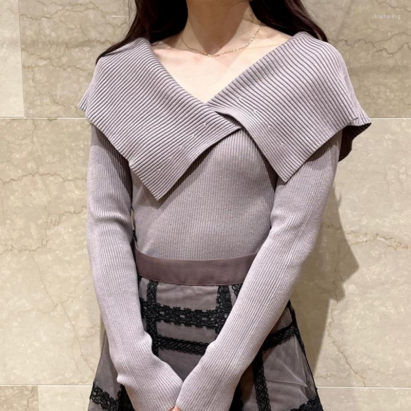 

Women's Sweaters Solid Fashion Designed Chic Knitted Pullovers 2022 Turn-down Collar Fall Sweater Women Elegant Autumn Slim Jumpers Woman, Black