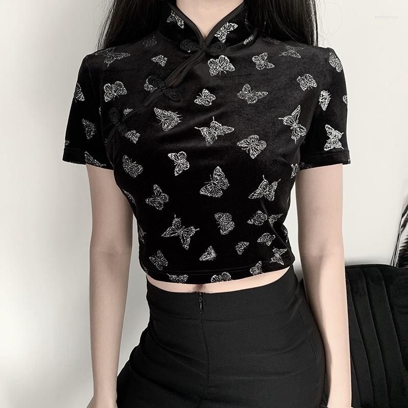 

Ethnic Clothing Black Vintage Velvet Butterfly T-Shirt Chinese Style Stand Collar Short Sleeve Gothic Casual Crop Top Female Summer Tops