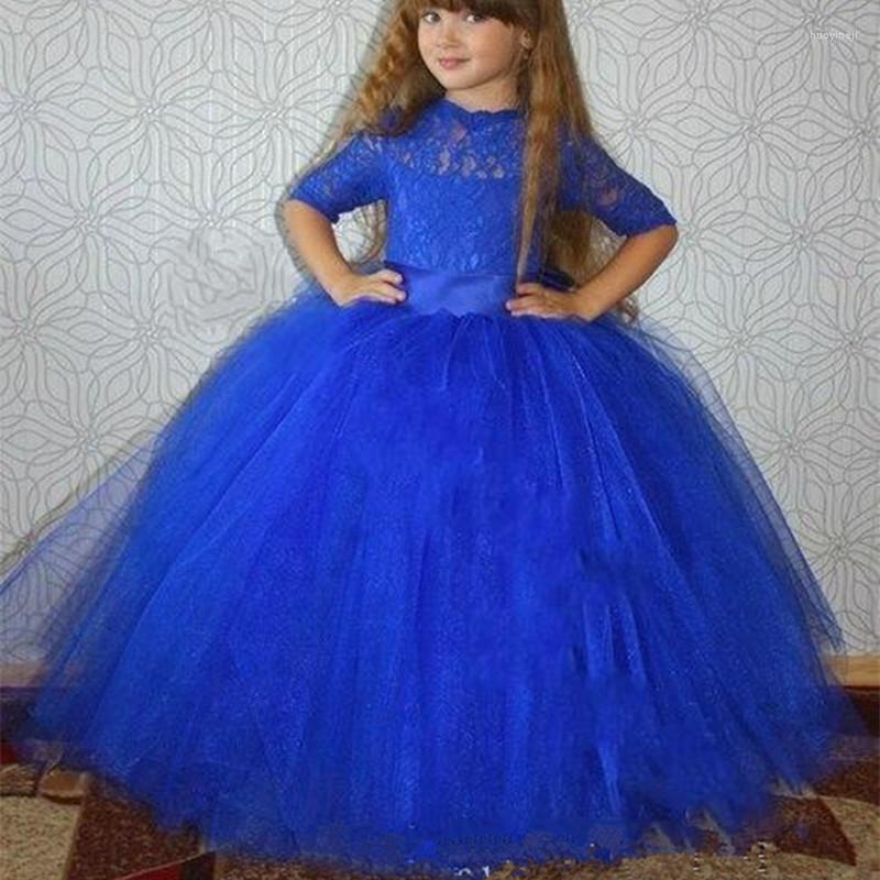 

Girl Dresses Royal Blue Half Lace Sleeves Girls Pageant 2022 Stain Knee Length Flower With Detachable Tulle Skirt, All ivory