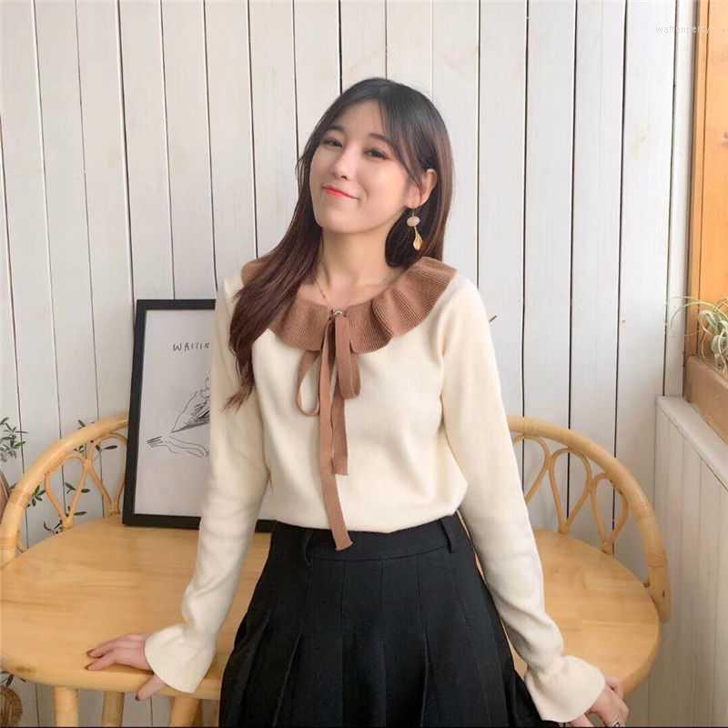 

Women' Sweaters Sweater Season Lotus Leaf Gets Female Students Spell Color Sweet College Wind Bows Render Unlined Upper Garment, Creamy-white