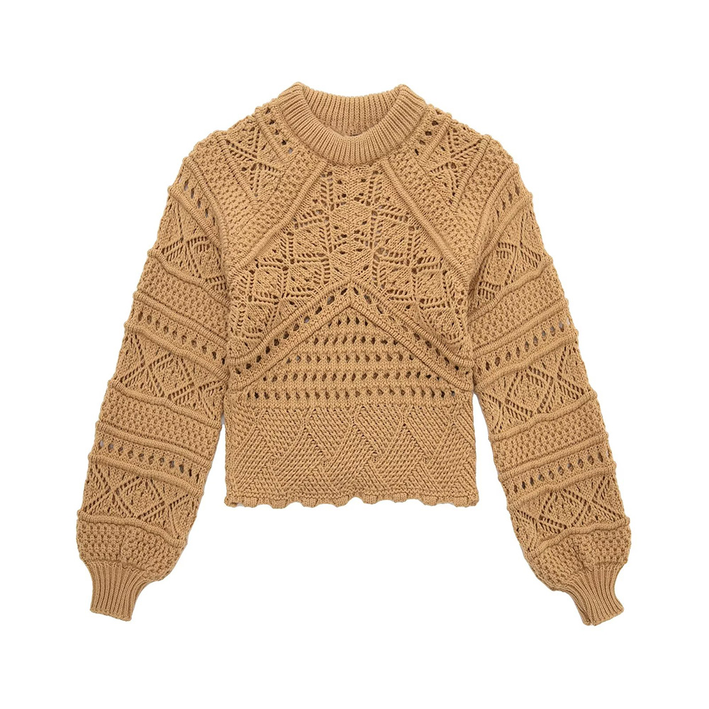 

Spring and autumn women's sweater loose retro Sen hook flower hollow out short round neck sweater top, Khaki