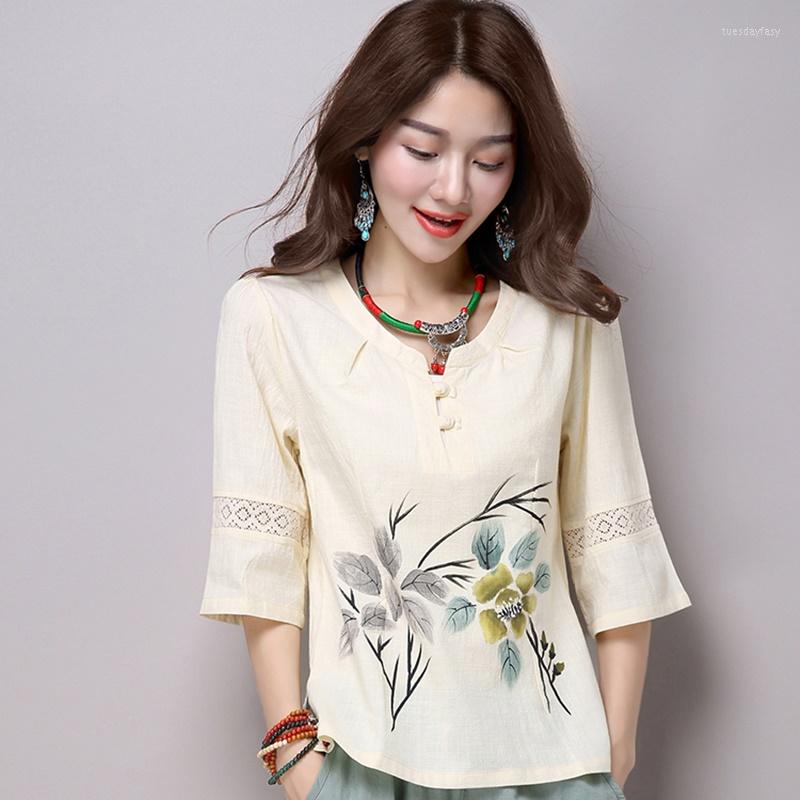 

Ethnic Clothing Ladies Chinese Tops Women 2022 Summer Traditional Cotton Vintage T Shirt Style KK4032