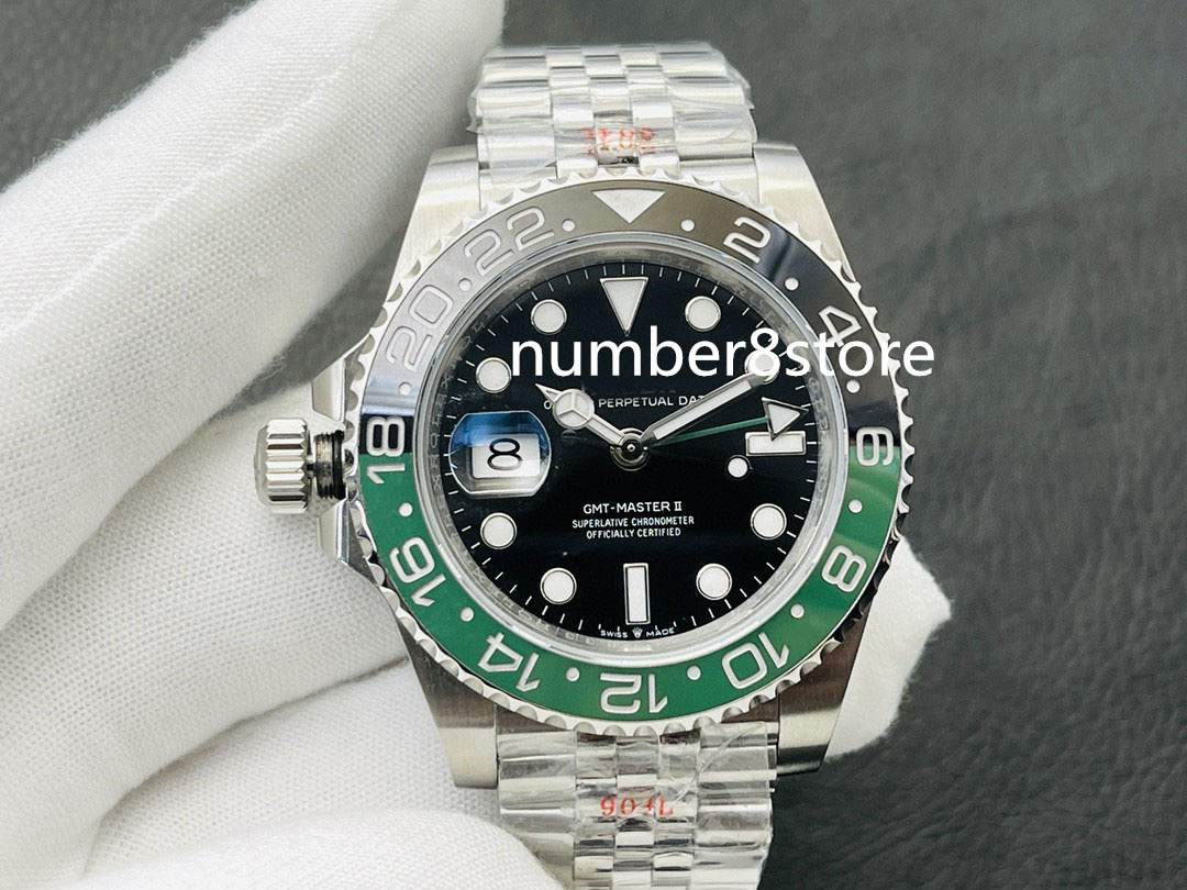 

GMT II 126720 Left Hand Mens Watch VR Black Green Ceramic 904L Stainless Steel Swiss 3186 Automatic 28800vph Sapphire Crystal Luxury wristwatch Water Resistance