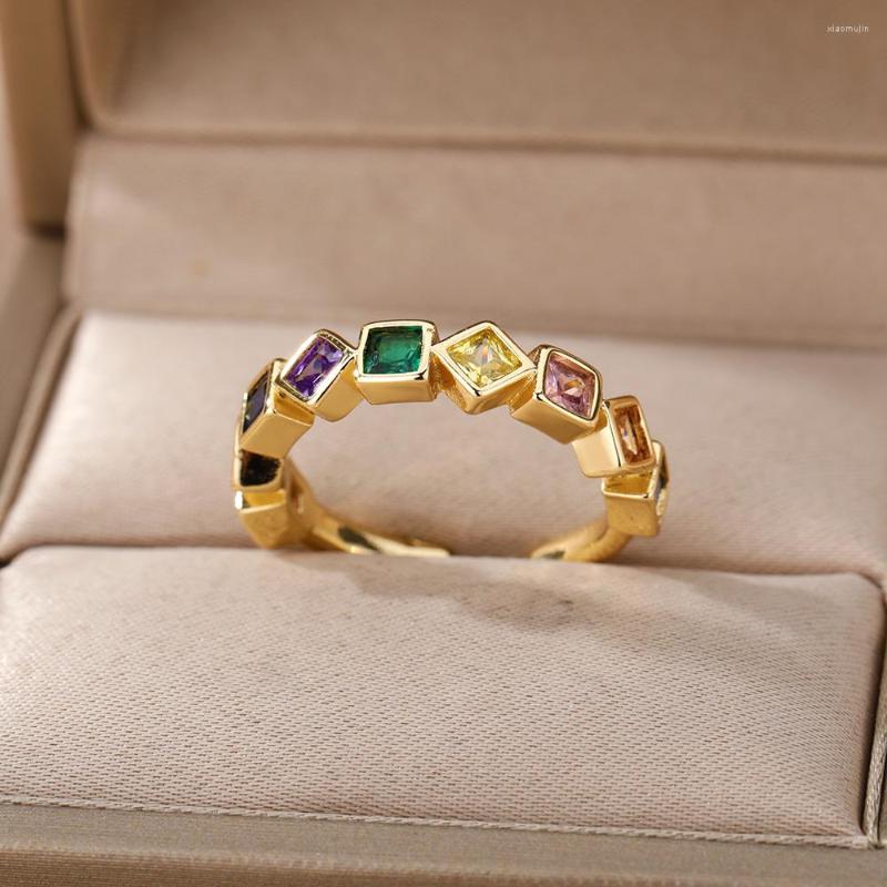 

Cluster Rings Hip-Hop Zircon Square For Women Fashion Stainless Steel Open Adjustable Ring Femme Jewelry Accessories Bague