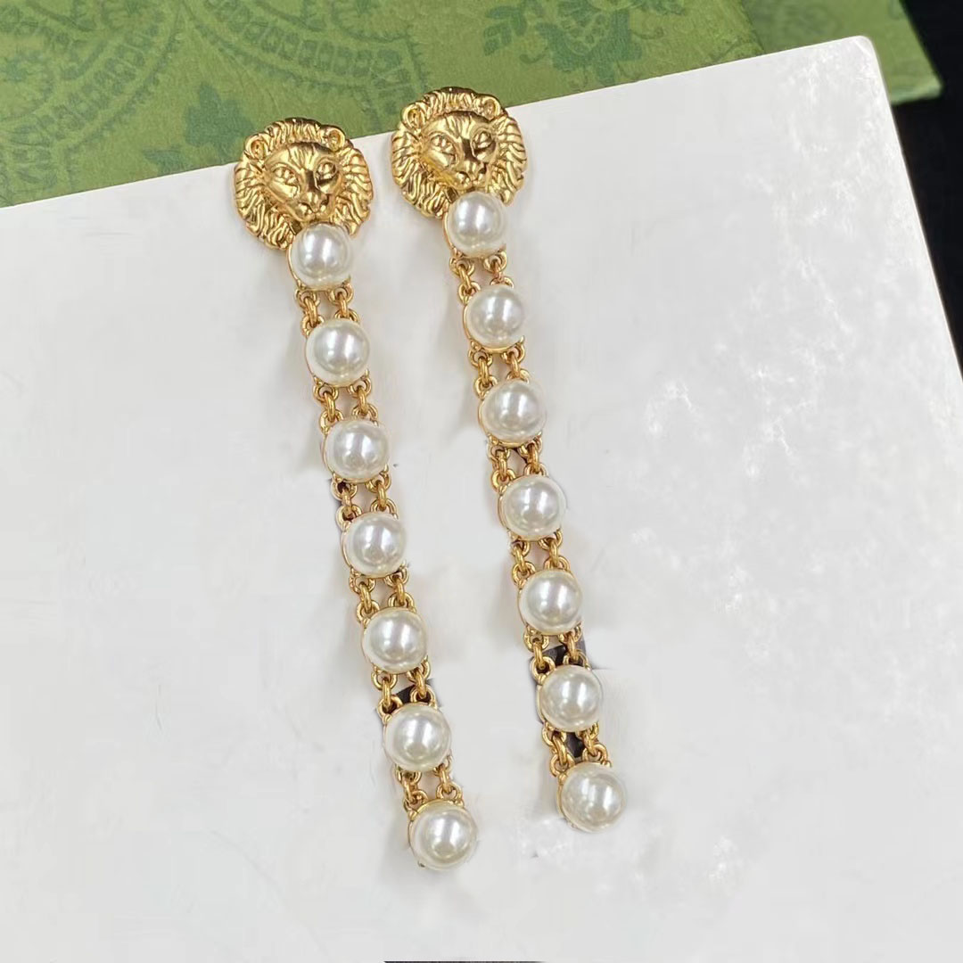

2022 New Style Glamour Fashion Brand Dangle Earrings Lion Head Pearl Pendant Personalized Women's Wedding Party Couple Gift Designer Quality Boxed Jewelry & Stamps