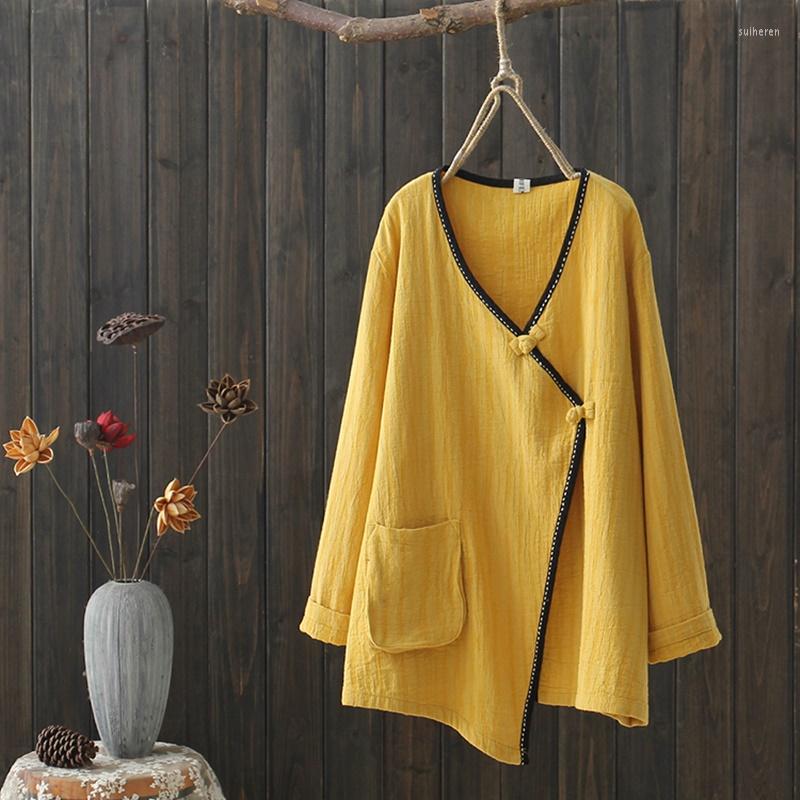 

Ethnic Clothing 2022 Long Sleeve Lady Casual Shirt Traditional Chinese Style Top Classic White China Blouse Vintage Clothes Qipao Female