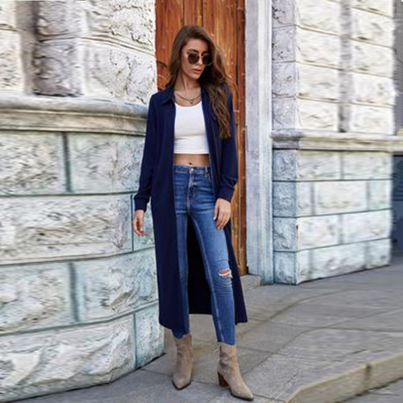 

Women' Trench Coats Autumn Winter Women' Knitted Zipper Sexy Lapel Long-sleeved Solid Color Windbreaker Jacket Wild Pocket Cardigan, Dark blue