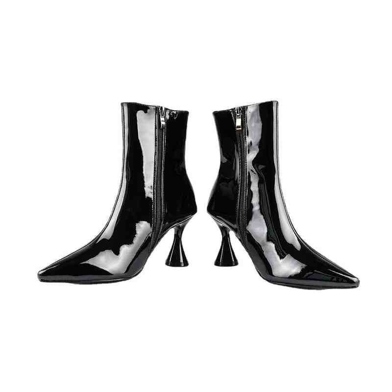 

Designer Boots for Women Fashion Pointed Leather Candy Color Overshoot Solid Medium Thin Heel 220705, Black