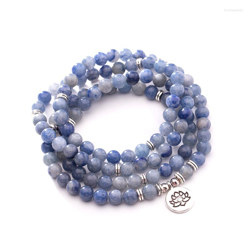 

Link Bracelets Matte Blue & White Color Sparkling Labradorite Stone Bracelet For Woman 108 Meditation Mala Lotus Necklace Om