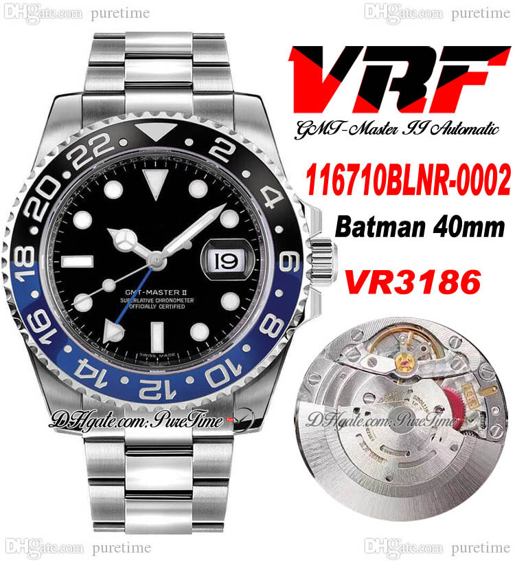 

VRF GMT II Batmans VR3186 Automatic Mens Watch 40mm Blue Ceramic Bezel Black Dial 904L OysterSteel Diamonds Bracelet Super Edition Same Series Card Puretime A1, Customized warranty card