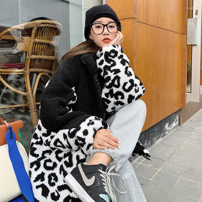 

Women's Down 2022 Autumn Leopard Print Jacket Zipper Stand Collar Soft Keep Warm Fashion Casual Street Loose Wind Clothes Women, Black