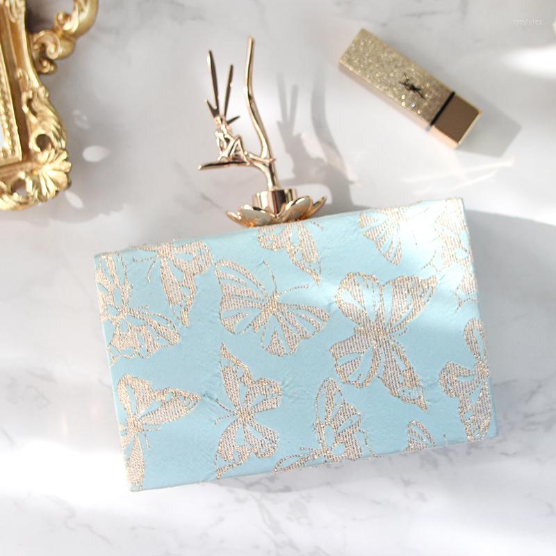 

Evening Bags RADISH Personality Design Metal Clasp Square Box Bag Golden Butterfly Velour Printing Tote Handbag, Sky blue