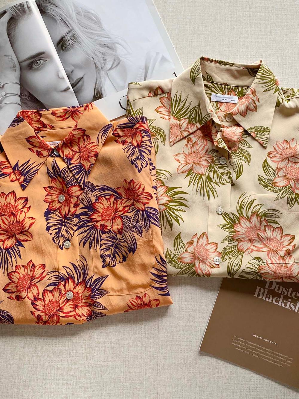 

2022 Autumn Yellow Orange Pocket Silk Blouse French Style Floral Print Long Sleeves Lapel Neck 100% Soie Buttons Single-Breasted Shirt 22TO05M