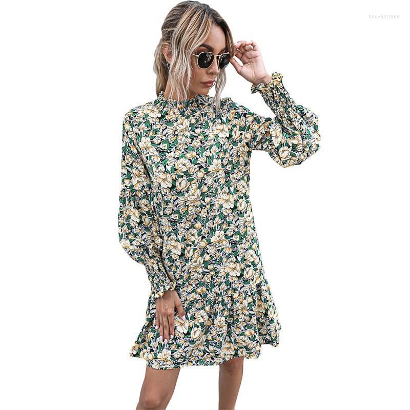 

Casual Dresses Floral Long Puff Sleeve 2022 Autumn Dress Women Stand-up Collar Buttons Loose Waist Hem Ruffles A-line Mini Vestido, Red