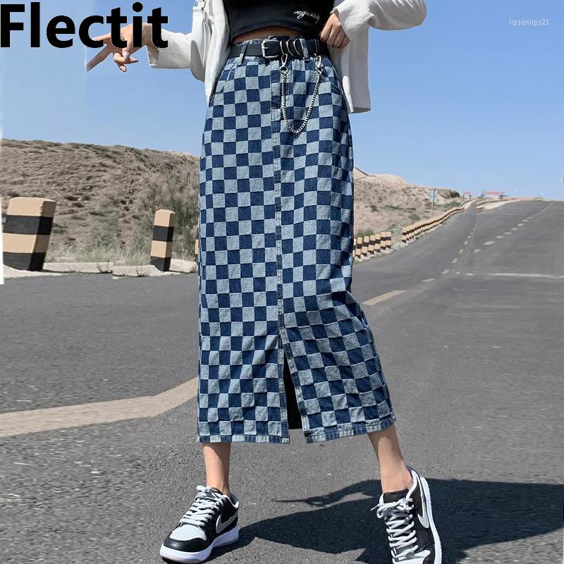 

Skirts Flectit Women Checkered Denim Skirt With Front Slit High Waist Jean Midi Ladies Vintage Outfit, Blue