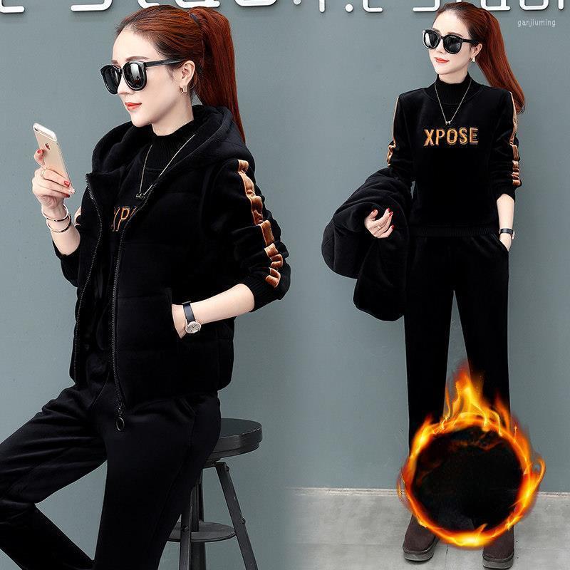 

Women's Two Piece Pants Woman Tracksuit Sweatshirt Sportswear Set Female Fashion Printed Hoodies Suit Lady Casual Wear Three Suits G481, Black