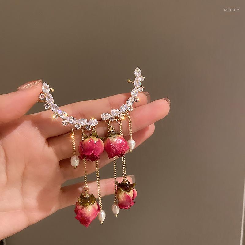 

Backs Earrings LOVOACC Vintage Simulation Rose Clip For Women Sweet Bling Cubic Zircon Pearls Long Tassel No-Piece Earring Gifts
