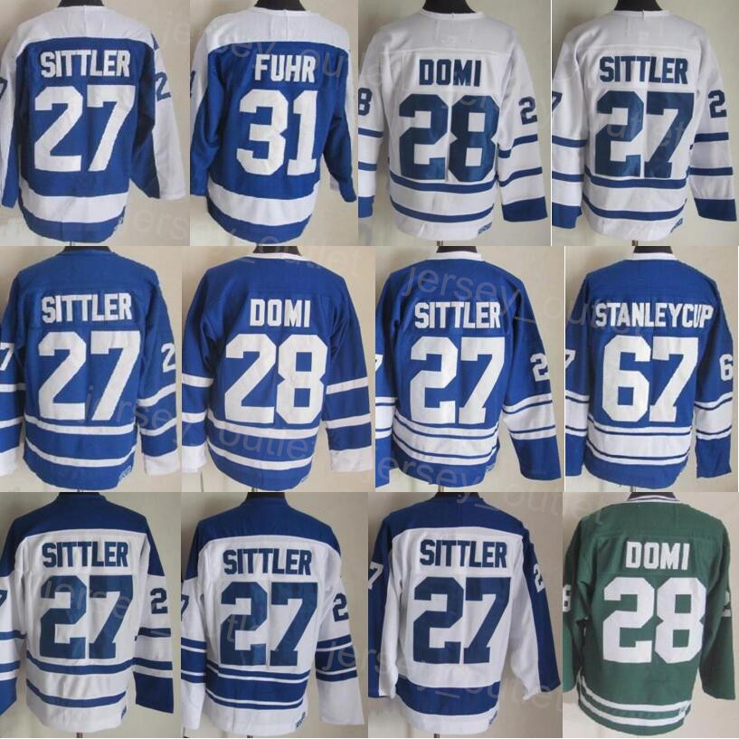 

Men Retro Hockey Vintage Classic 27 Darryl Sittler Jersey 28 Tie Domi 31 Grant Fuhr 67 Stanleycup All Stitched Blue White Green 75th Anniversary For Sport Fans Color