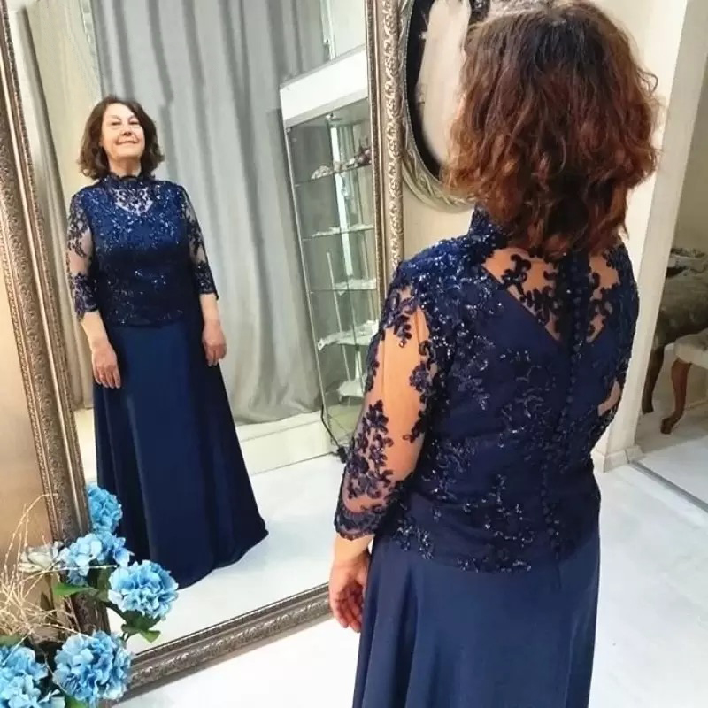 

Vintage Navy Blue 3/4 Illusion Long Sleeve Mother of Bride Dresses High Neck Sheer Appliques Sequins Floor Length Evening Gowns Wedding Guest Dress Custom Made