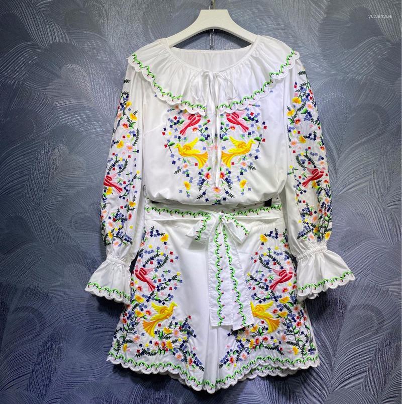

Women' Tracksuits High Quality Designer 2022 Spring Summer Women Embroidery Holiday 2 Pieces Set Long Sleeve Top Belt Shorts Y562, Black