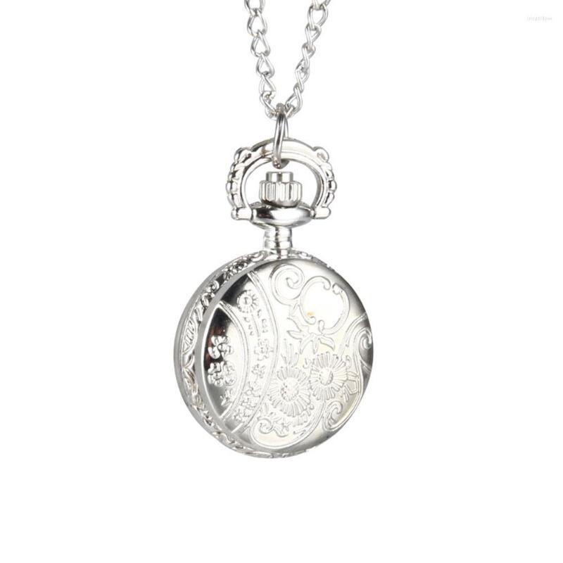 

Pocket Watches Quartz Watch Alloy Chain Hollow Out Flower Flip Cover Vintage Pendant For Women HELH889, Silver