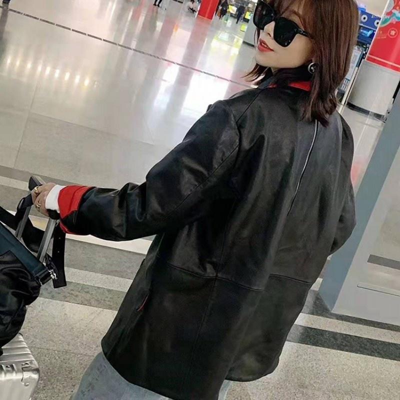 

Women' Leather Brand Famous Autumn Zipper Real Sheepskin Jacket Female Double Breasted Casual Black Red Blazer Outerwear -3XL