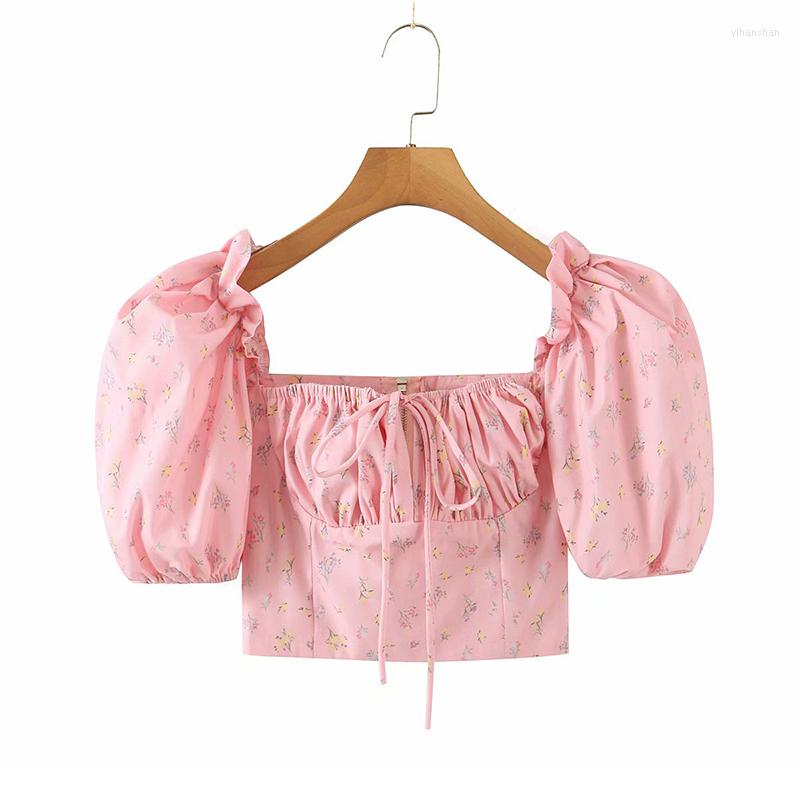 

Women' Blouses YENKYE Sweet Floral Print Pink Crop Top Women Sexy Collar Puff Sleeve Holiday Summer Tops Short Blouse