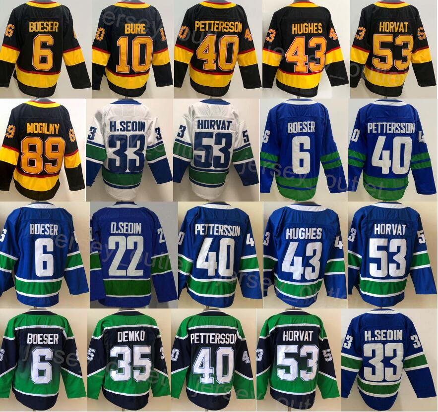 

Men Blank Reverse Retro Hockey 53 Bo Horvat Jersey 6 Brock Boeser 40 Elias Pettersson 43 Quinn Hughes 35 Thatcher Demko 22 Daniel Sedin 33 Henrik Sedin Blue White Black, Navy