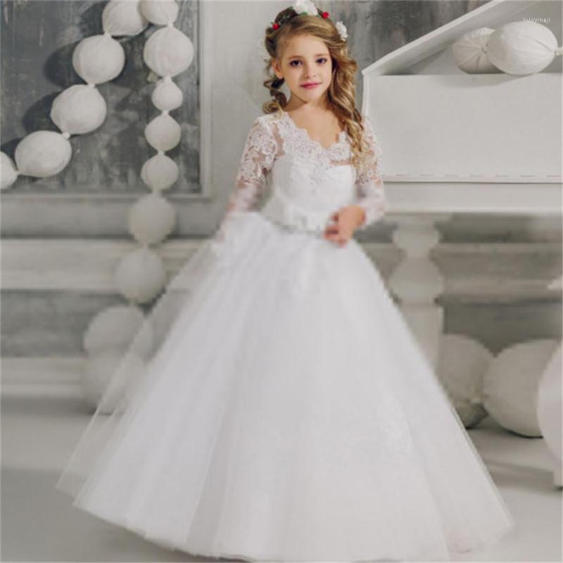 

Girl Dresses Flower Dress Long Sleeve Lace Applique V-neck Fluffy Tulle Backless Gown For Wedding First Holy Communion Party, White