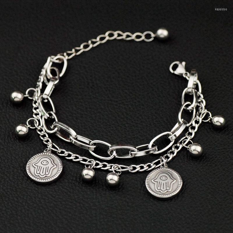 

Charm Bracelets Fashion Women's Simple Female Sliver Color Trend Stainless Double Palm Round Bead Chain Bracelet Gift Jewely