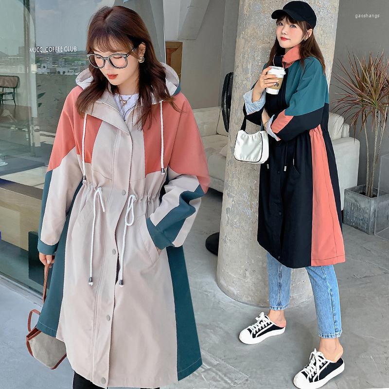 

Women's Trench Coats Autumn Products Women's Large Size Windbreaker Color Contrast Hooded Medium Long Coat Loose Show Thin X172, Black
