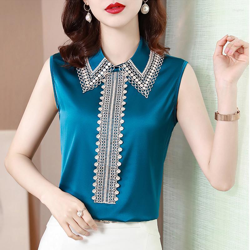 

Women' Blouses Women' & Shirts Pullover Silk Chiffon Blouse Shirt Ladies Top 2022 Summer Satin Sleeveless Women Solid Lace Clothes, Black