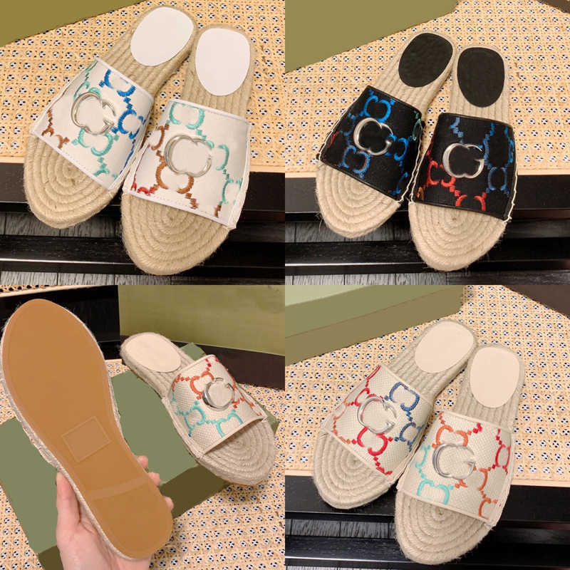 

luxury Straw fisherman's heightened slippers guccie mbroidered metal decoration black Ggucci and white three-color models optional ladies sandals with, Color1