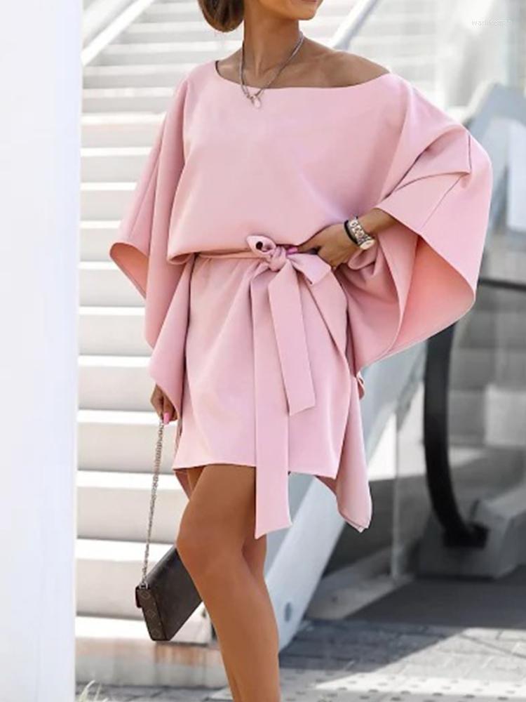 

Casual Dresses Fashion Batwing Sleeve Tie-up Belted Mini Dress Sexy O Neck Off Shoulder Solid A-Line Elegant Loose Party Vestidos, 04 watermelon red