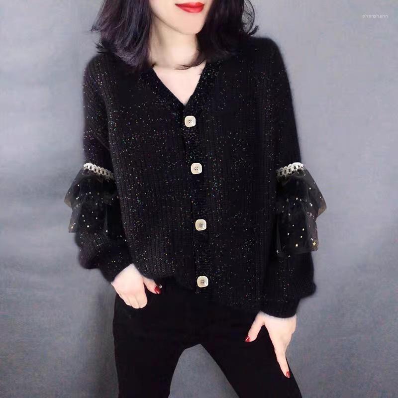 

Women's Knits Autumn Winter Sweater Fashion Temperament Top Female Black Splicing Cardigan Femme Manche Longue Women Tops