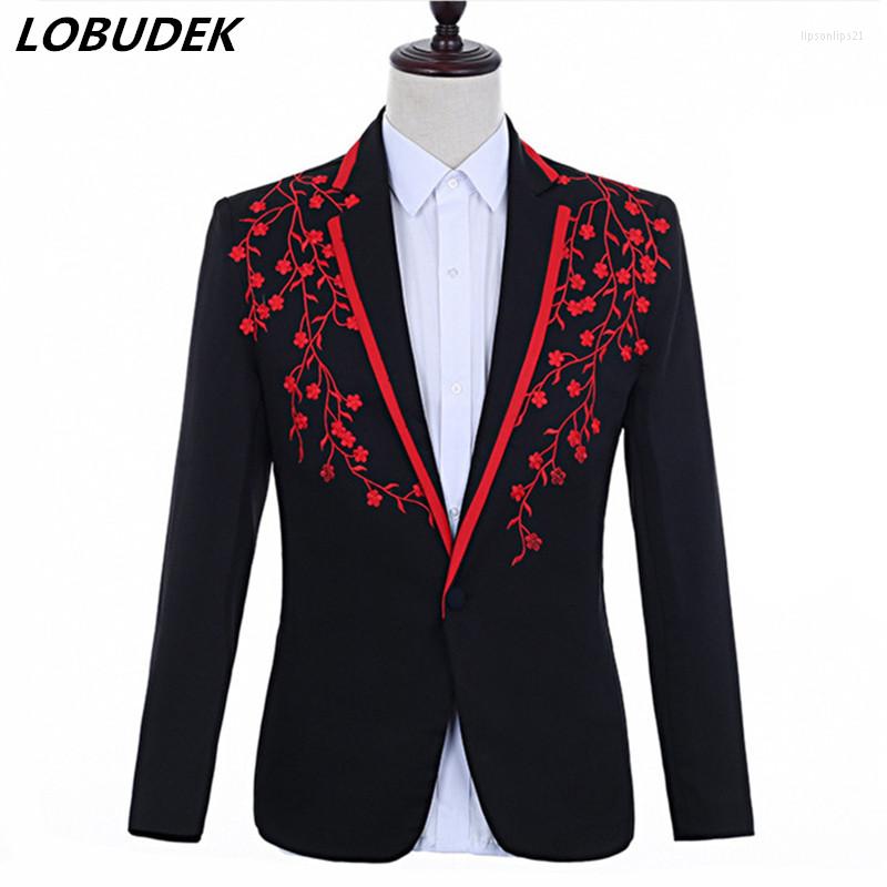 

Men' Suits 2 Style Applique Design Men' Suit Jacket Fashion Wedding Groom Black-red Floral Blazer Party Nightclub Singer Slim Coat