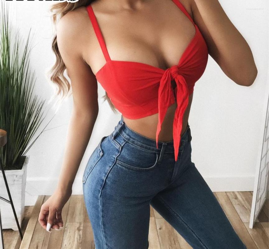 

Women' Tanks 2022 Summer Women Bow Tie Crop Tops Solid Short Sleeveless Strap Casual V Neck Sexy Vest, Black