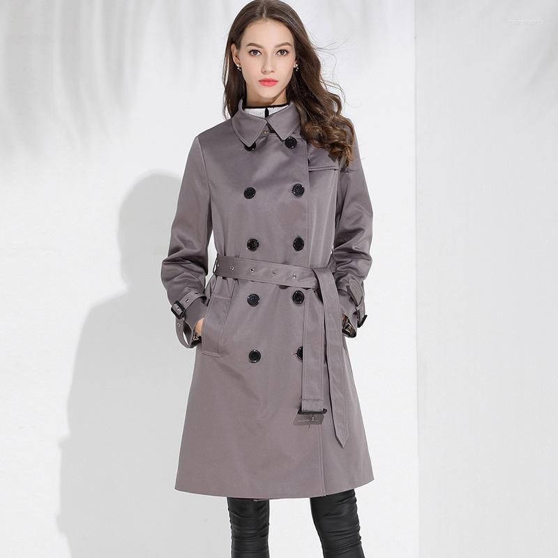 

Women' Trench Coats Breasted Women Double Classic British Long Windbreaker Autumn 2022 Korean Lapel Lacing Belt Bow Gray Coat Women
