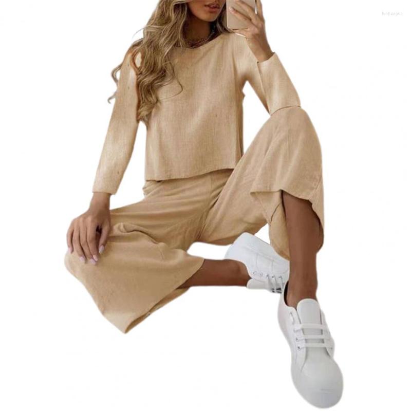 

Women's Two Piece Pants Women Matching Set Top Solid Color Wide Leg Office Lady Round Neck Blouse Elastic Waist Trousers 3XL, White