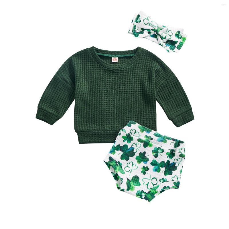 

Clothing Sets Infant Baby Girl 3 Pcs Clothes Solid Color Long Bat Sleeve Shirt Tops Four-leaf Clover Print Shorts Bow Headband, Picture shown