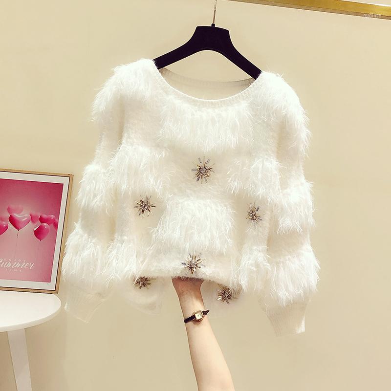 

Women's Sweaters Fashion Diamonds Fringed Sweater Women's Autumn Winter Plush Fairy Elegant Women Loose Sweet Girls Knitwear Jumper, White