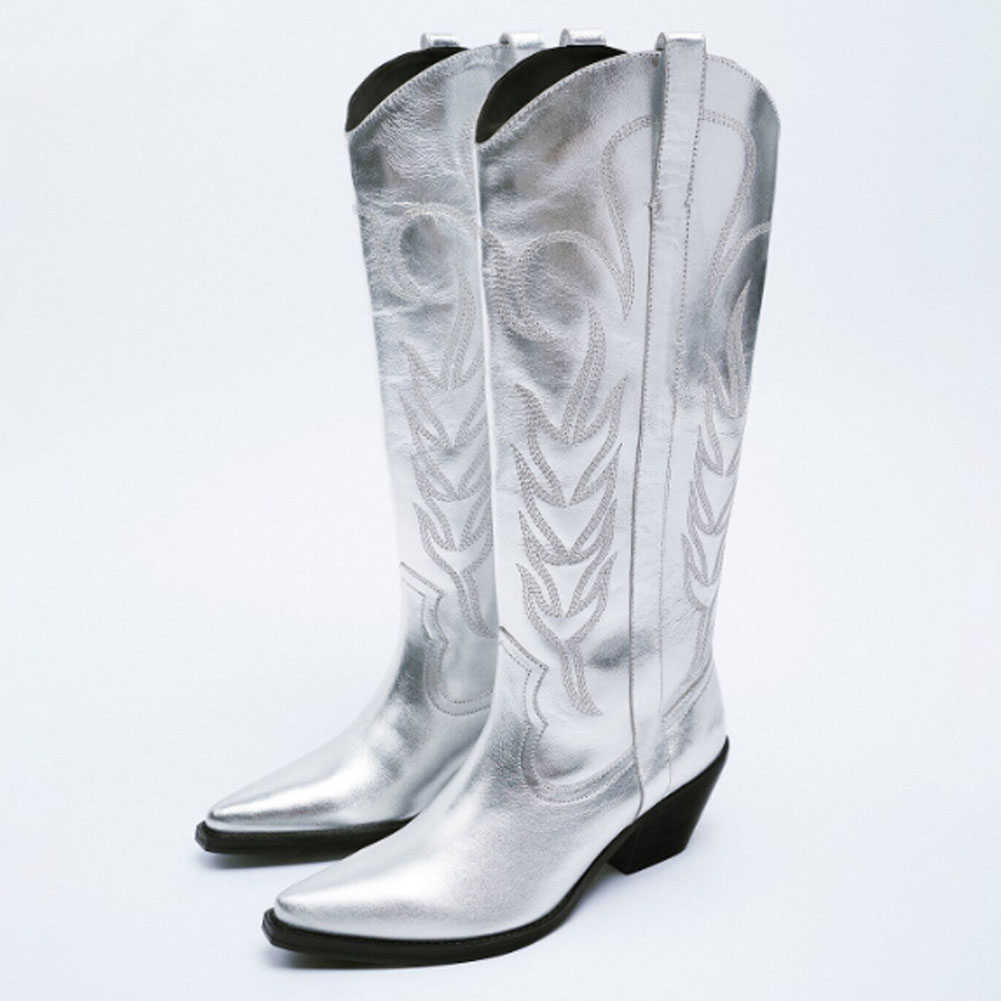 

Boots Cowboy Cowgirl Western Metallic Silver Stacked Heels Mid Calf Long Shoes Casual Embroidered Autumn Winter 220901, Silver 4