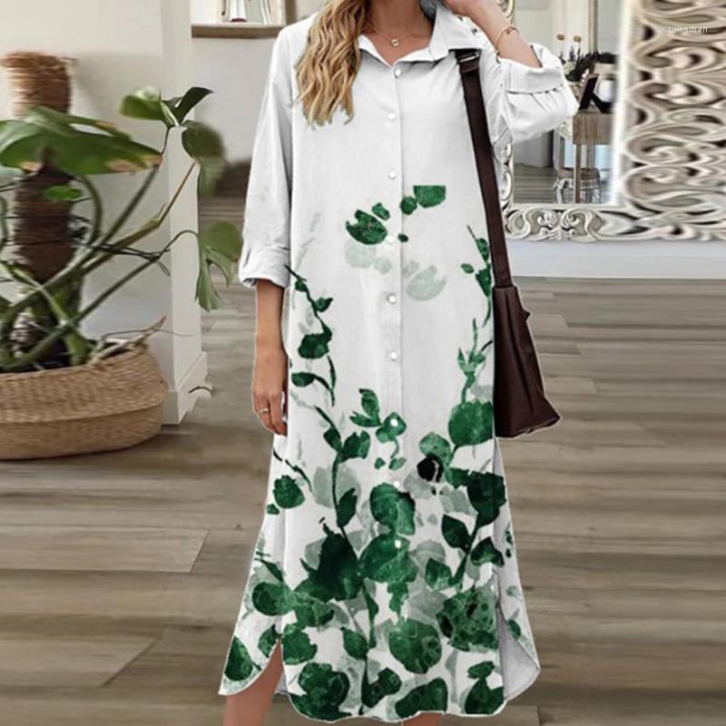 

Casual Dresses Office Elegant Lapel Button Shirt Dress Autumn Women Long Sleeve Loose 2022 Spring Fashion Printed Party, 02 blue