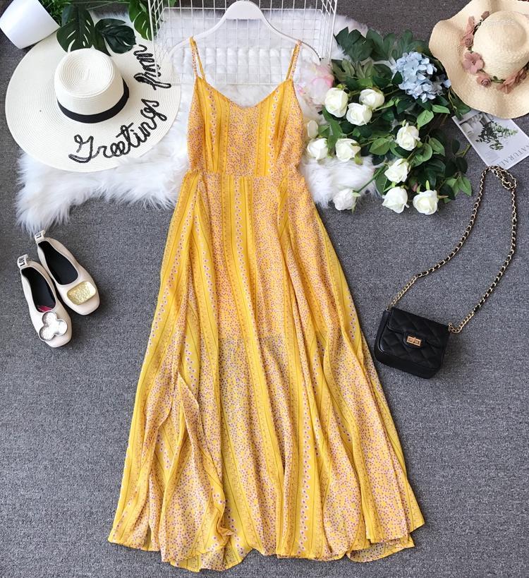 

Women' Swimwear Yellow 2022 Chiffon Midi Dress Summer Casual Female Plus Size Lady Beach Vestidos Spaghetti Strap Women Ladies Women