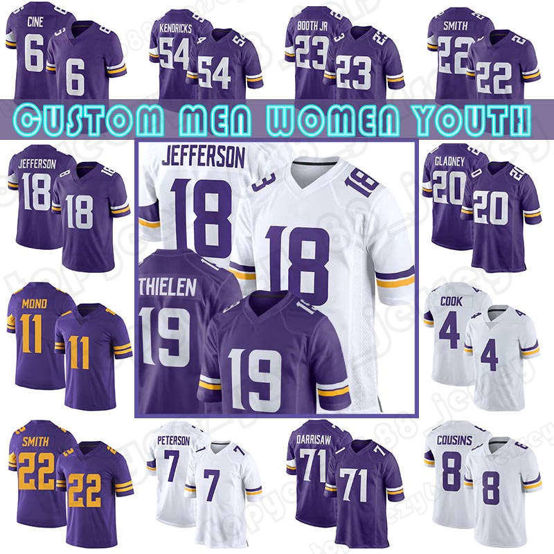 

18 Justin Jefferson 19 Adam Thielen Football Jerseys Dalvin Cook Danielle Hunter Randy Moss Minnesota Vikings Harrison Smith Kirk Cousins Lewis Cine Kellen Mond, Custom youth(w j r)