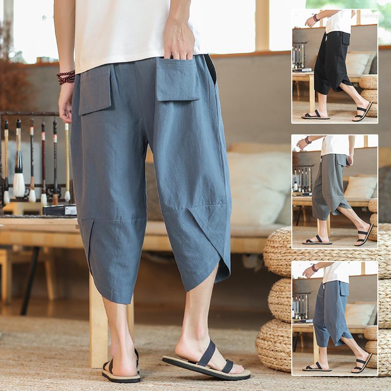 

Men's Pants Cotton Linen Mens Harem Summer Male Casual Calf-Length Solid Big Pocket Baggy Trousers, Black