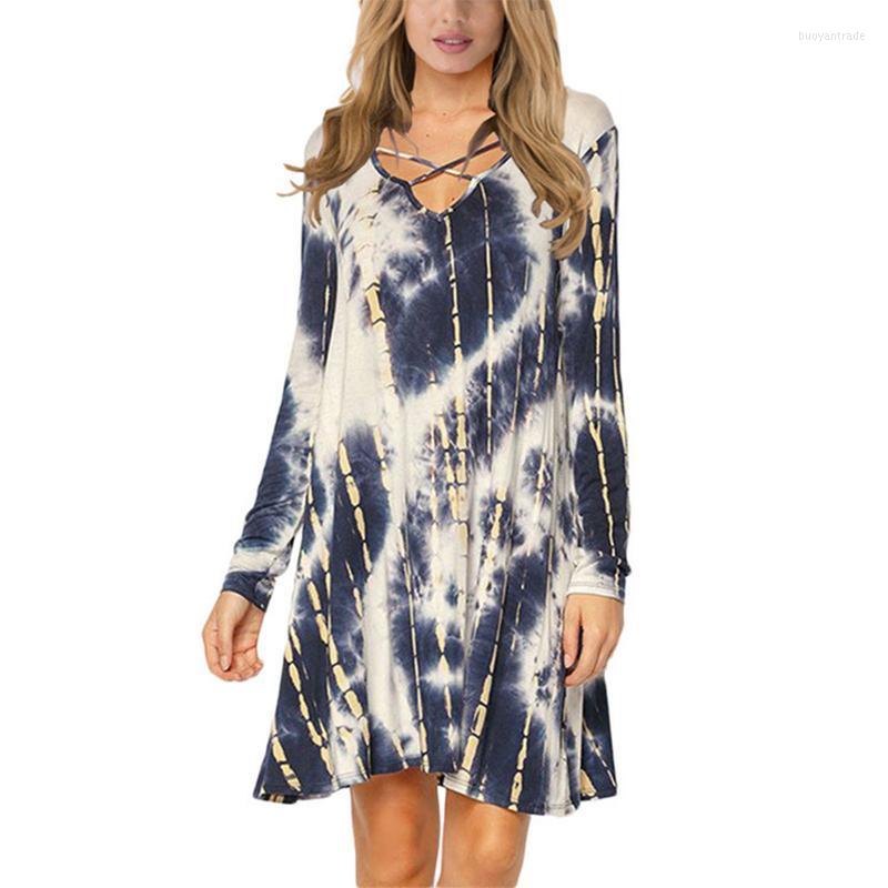 

Casual Dresses Autumn Women Tie Dye Dress Sexy V Neck Long Sleeve Colorful Printed Pattern Mini Clothes 2022 Plus Size, As photo shows