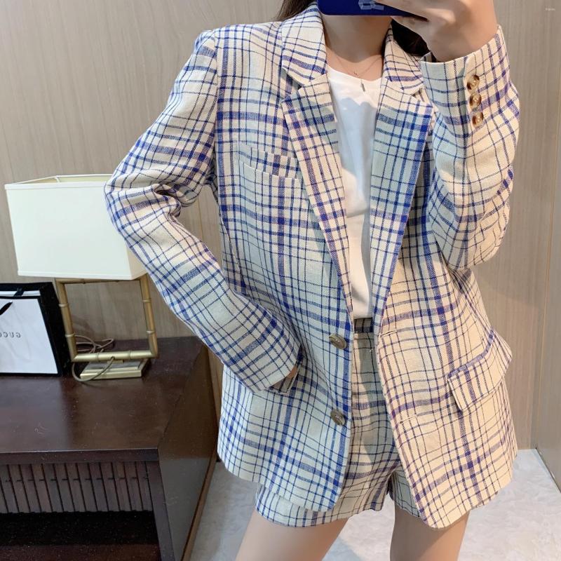 

Women's Suits Women Coat 2022 Autumn Linen Plaid Suit Pockets Long-sleeved Jacket Top